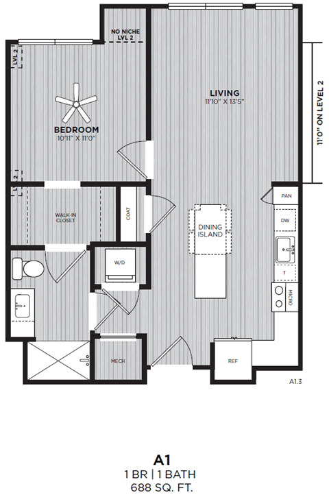 Floor plan for 1 bed, 1 bath, 688 sqft